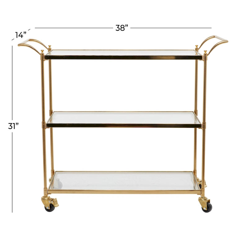Metal Rolling 3 Glass Shelves Bar Cart with Lockable Wheels - Brass - Roche River Decor - 14W x 38L x 31H
