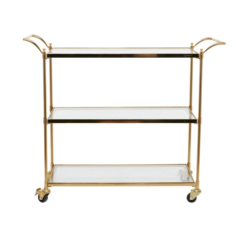 Metal Rolling 3 Glass Shelves Bar Cart with Lockable Wheels - Brass - Roche River Decor - 14W x 38L x 31H