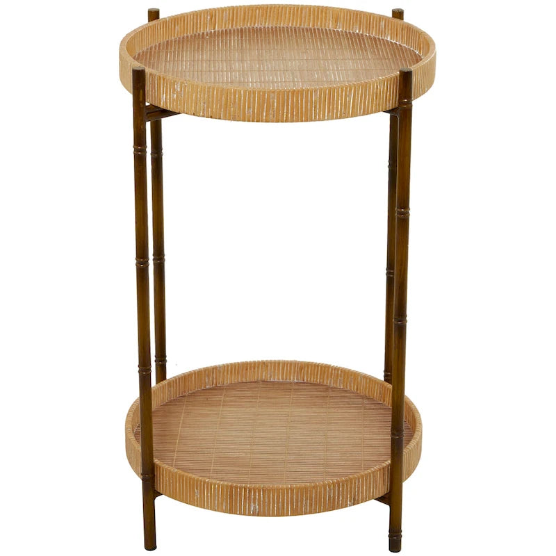 Rattan 2 Tray Shelves Accent Table with Metal Bamboo Inspired Legs - Brown - Roche River Decor - 18W x 18L x 26H