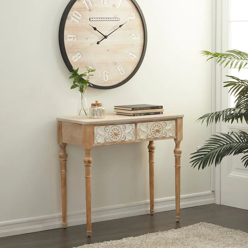 Wood Floral Intricately Carved 2 Drawers Console Table - Brown - Roche River Decor - 16W x 36L x 33H