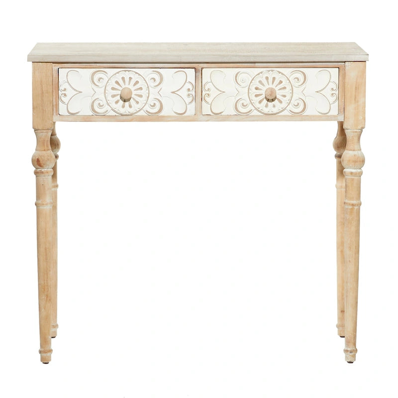 Wood Floral Intricately Carved 2 Drawers Console Table - Brown - Roche River Decor - 16W x 36L x 33H