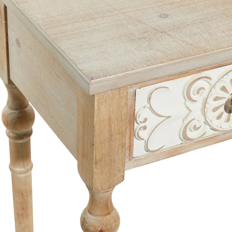 Wood Floral Intricately Carved 2 Drawers Console Table - Brown - Roche River Decor - 16W x 36L x 33H