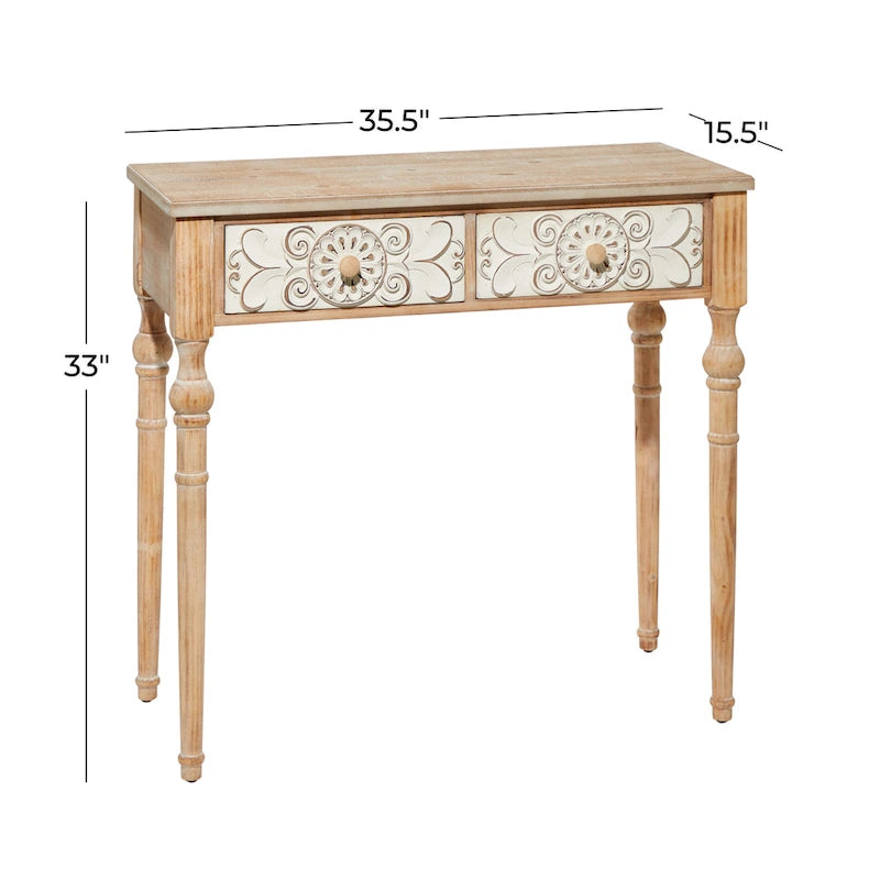 Wood Floral Intricately Carved 2 Drawers Console Table - Brown - Roche River Decor - 16W x 36L x 33H