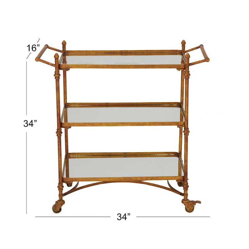 Metal Rolling 3 Mirrored Shelves Bar Cart with Handles - Brass -  - 18W x 35L x 33H