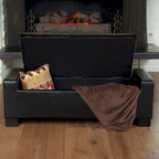 Storage Ottoman Bench - Black Leather - Espresso Legs