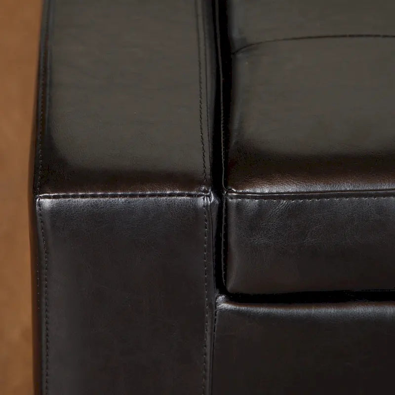 Storage Ottoman Bench - Black Leather - Espresso Legs