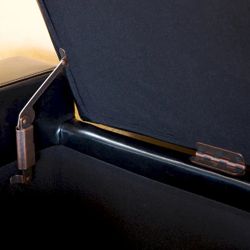 Storage Ottoman Bench - Black Leather - Espresso Legs