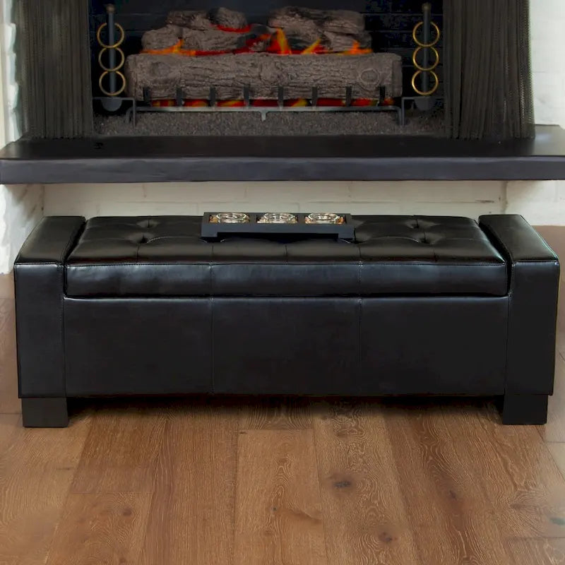 Storage Ottoman Bench - Black Leather - Espresso Legs