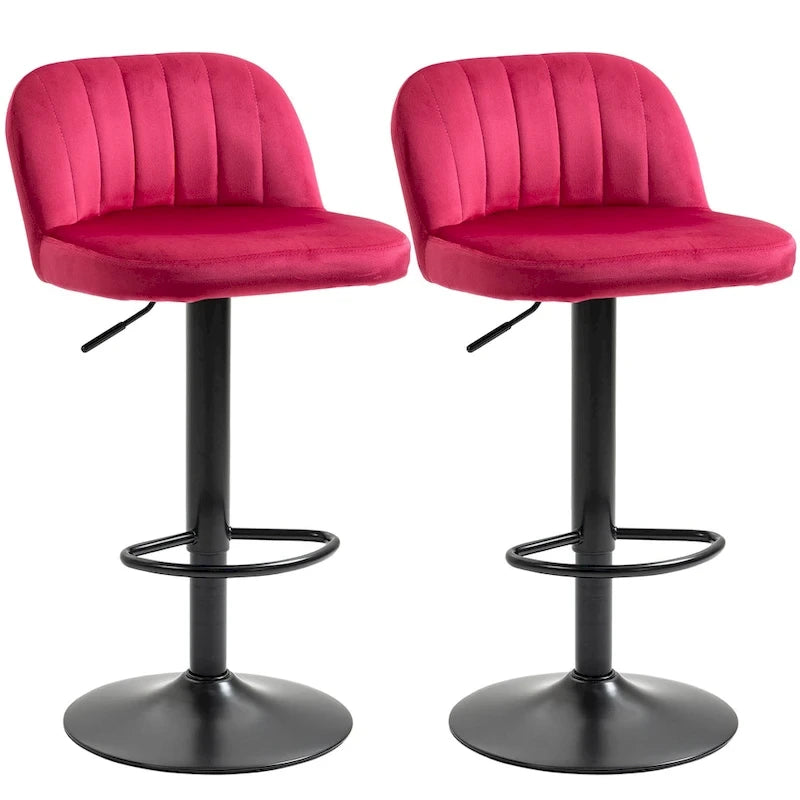 HOMCOM Adjustable Bar Stools Set of 2, Velvet Counter Height Barstool, Upholstered Kitchen Stool with Swivel Seat, Steel Frame
