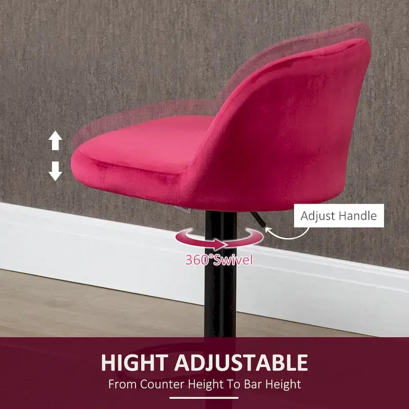 HOMCOM Adjustable Bar Stools Set of 2, Velvet Counter Height Barstool, Upholstered Kitchen Stool with Swivel Seat, Steel Frame