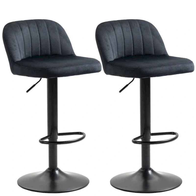 HOMCOM Adjustable Bar Stools Set of 2, Velvet Counter Height Barstool, Upholstered Kitchen Stool with Swivel Seat, Steel Frame
