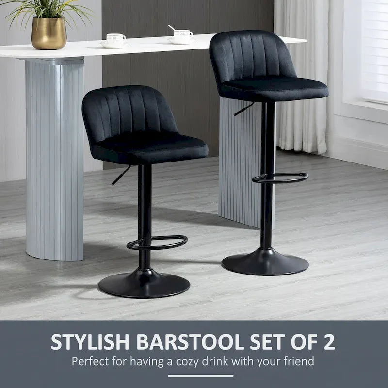 HOMCOM Adjustable Bar Stools Set of 2, Velvet Counter Height Barstool, Upholstered Kitchen Stool with Swivel Seat, Steel Frame