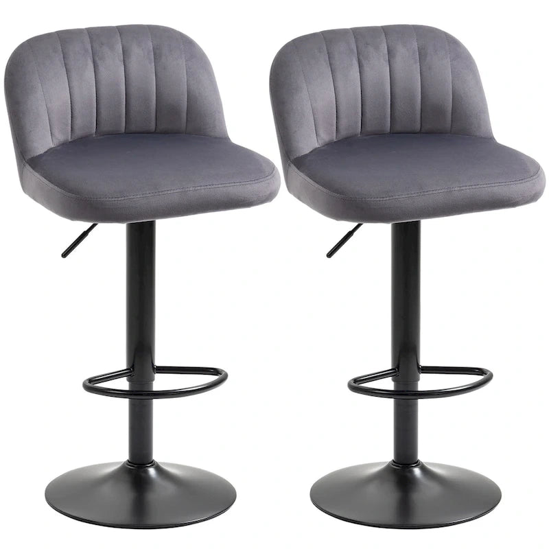 HOMCOM Adjustable Bar Stools Set of 2, Velvet Counter Height Barstool, Upholstered Kitchen Stool with Swivel Seat, Steel Frame