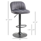 HOMCOM Adjustable Bar Stools Set of 2, Velvet Counter Height Barstool, Upholstered Kitchen Stool with Swivel Seat, Steel Frame