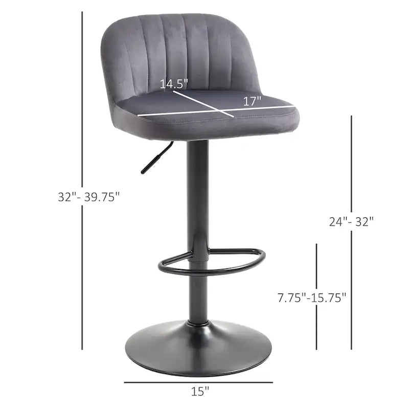 HOMCOM Adjustable Bar Stools Set of 2, Velvet Counter Height Barstool, Upholstered Kitchen Stool with Swivel Seat, Steel Frame