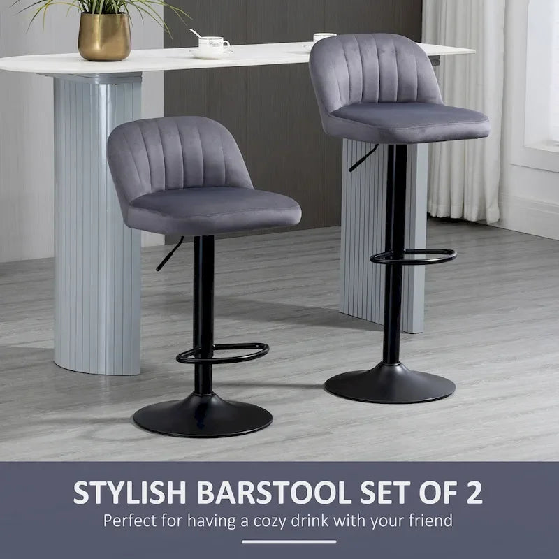 HOMCOM Adjustable Bar Stools Set of 2, Velvet Counter Height Barstool, Upholstered Kitchen Stool with Swivel Seat, Steel Frame
