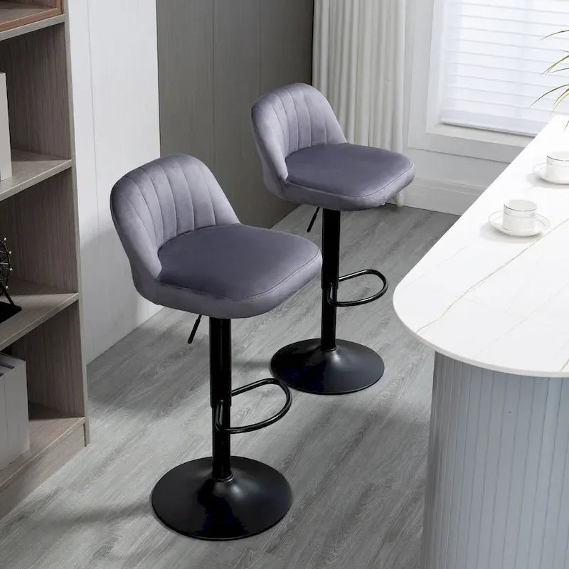 HOMCOM Adjustable Bar Stools Set of 2, Velvet Counter Height Barstool, Upholstered Kitchen Stool with Swivel Seat, Steel Frame