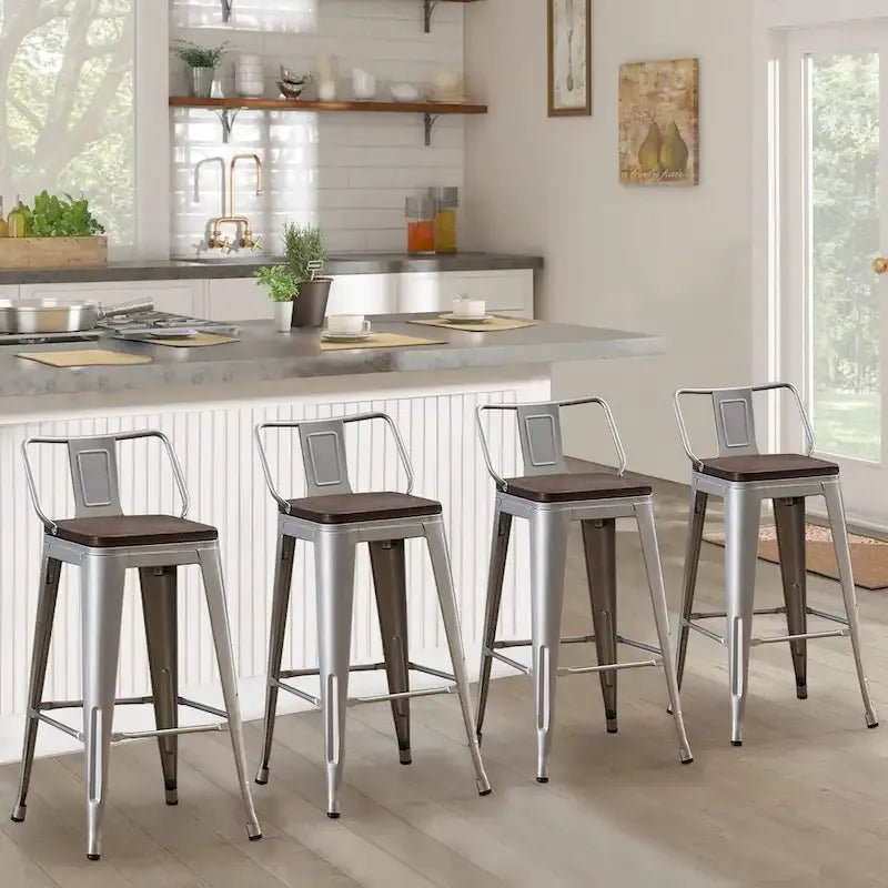 Industrial Metal Barstools Set of 4 Silver with Wooden Seats 24inch - 24inch