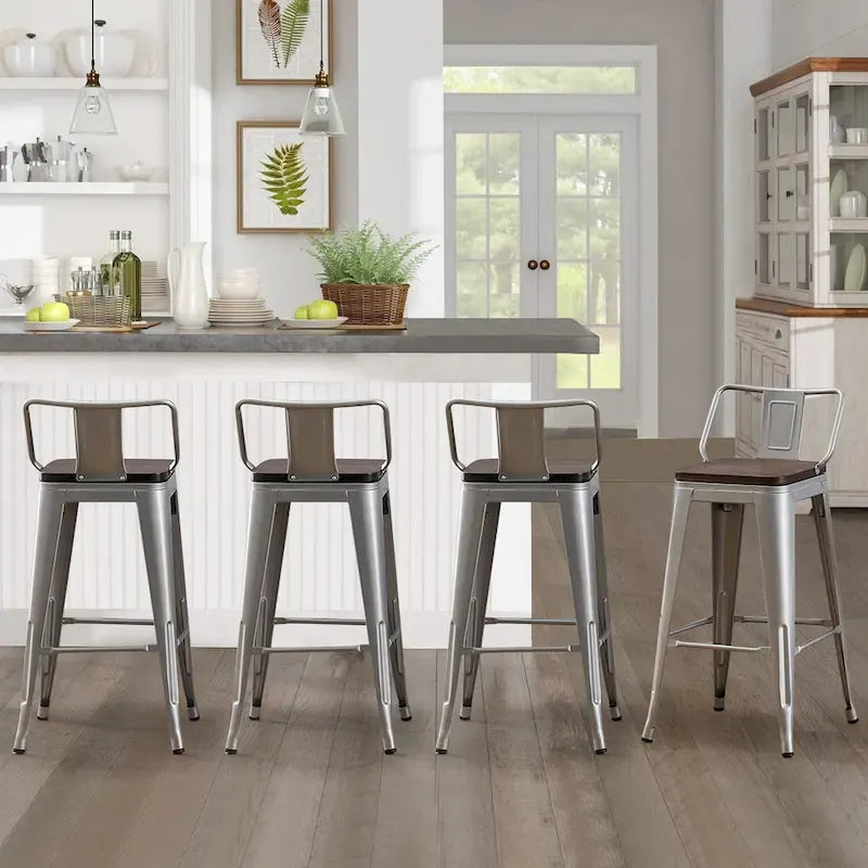 Industrial Metal Barstools Set of 4 Silver with Wooden Seats 24inch - 24inch