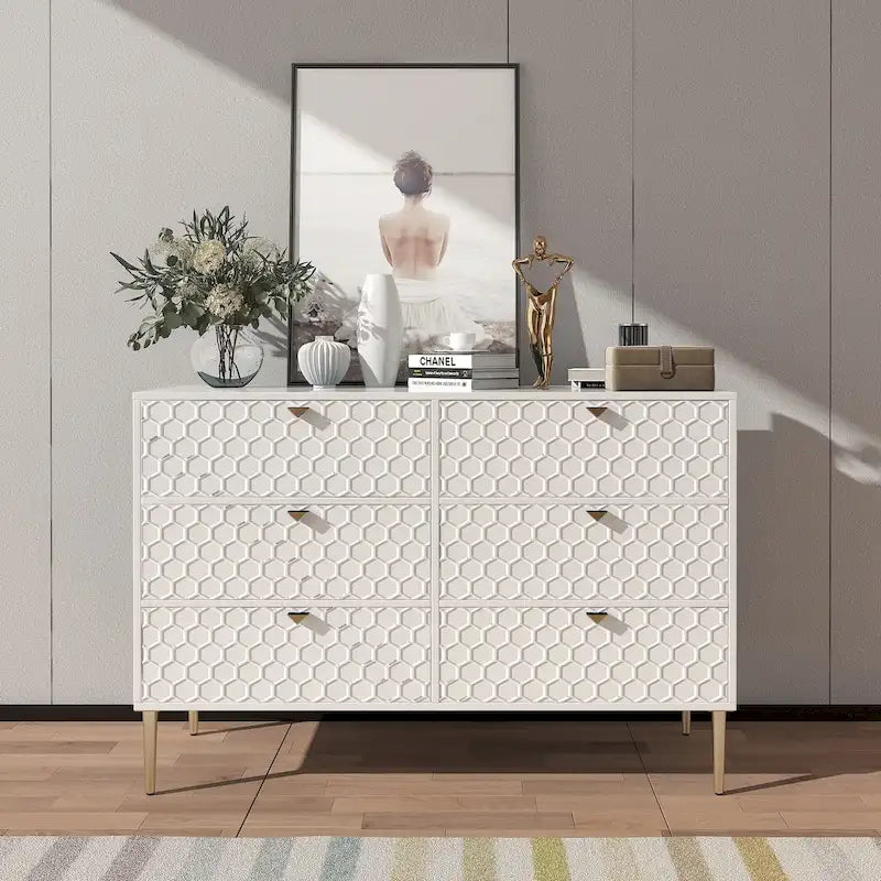 Dresser - 6 Drawers - Gold Legs with Honeycomb Pattern