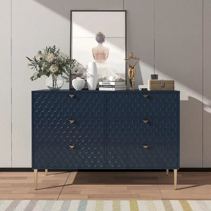 Dresser - 6 Drawers - Gold Legs with Honeycomb Pattern