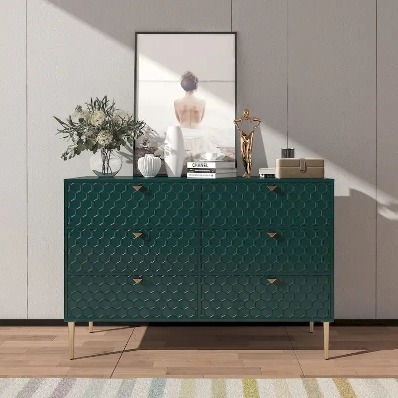 Dresser - 6 Drawers - Gold Legs with Honeycomb Pattern