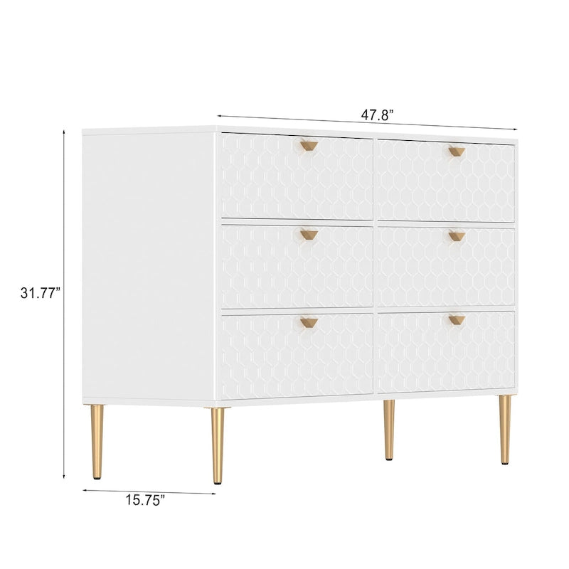 Dresser - 6 Drawers - Gold Legs with Honeycomb Pattern