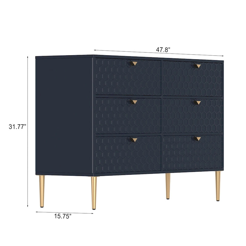 Dresser - 6 Drawers - Gold Legs with Honeycomb Pattern