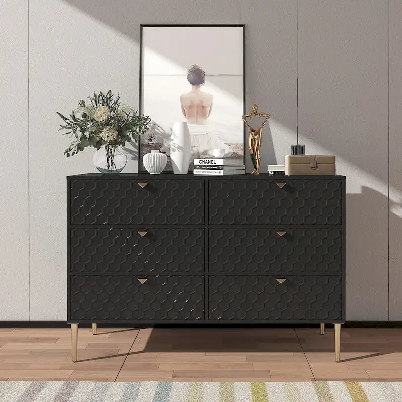 Dresser - 6 Drawers - Gold Legs with Honeycomb Pattern