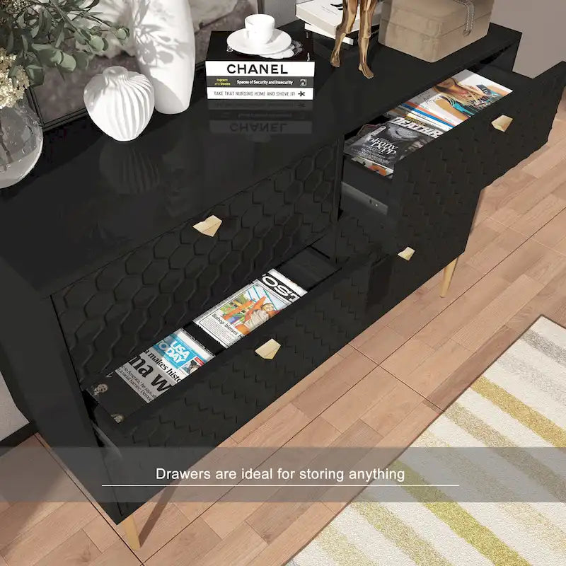 Dresser - 6 Drawers - Gold Legs with Honeycomb Pattern