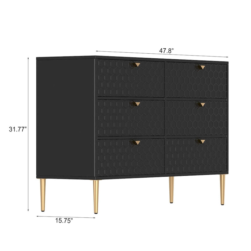 Dresser - 6 Drawers - Gold Legs with Honeycomb Pattern