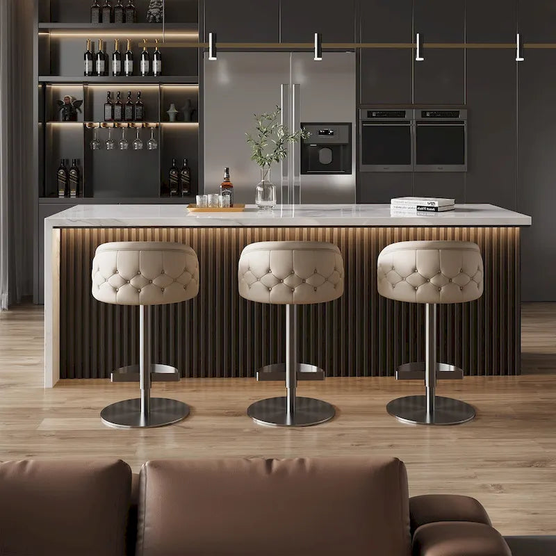 Khaki PU Bar Stool Adjustable Height and Swivel for Kitchens Bars Restaurants and Cafes