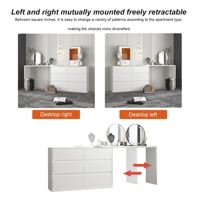 Timechee Home Rotating Dresser and Desk 6 Drawer Dresser Vanity Makeup