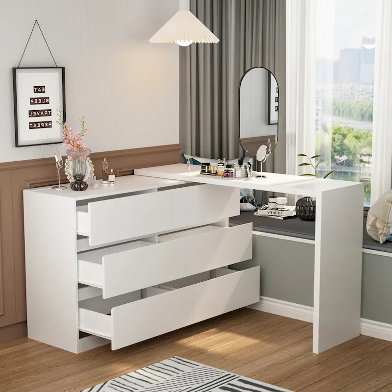 Timechee Home Rotating Dresser and Desk 6 Drawer Dresser Vanity Makeup