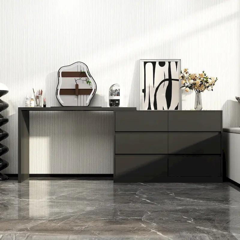 Timechee Home Rotating Dresser and Desk 6 Drawer Dresser Vanity Makeup