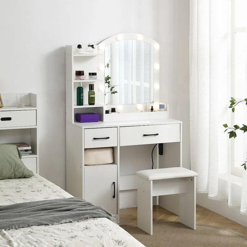 Vanity Table with Lighted Mirror and 3 Drawers and Storage Cabinet