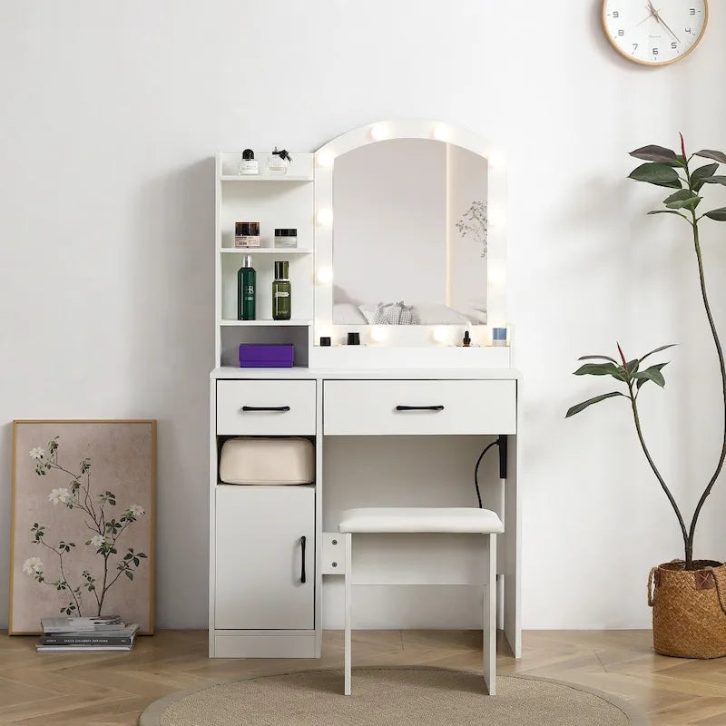 Vanity Table with Lighted Mirror and 3 Drawers and Storage Cabinet