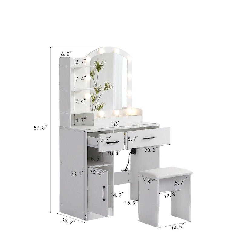 Vanity Table with Lighted Mirror and 3 Drawers and Storage Cabinet