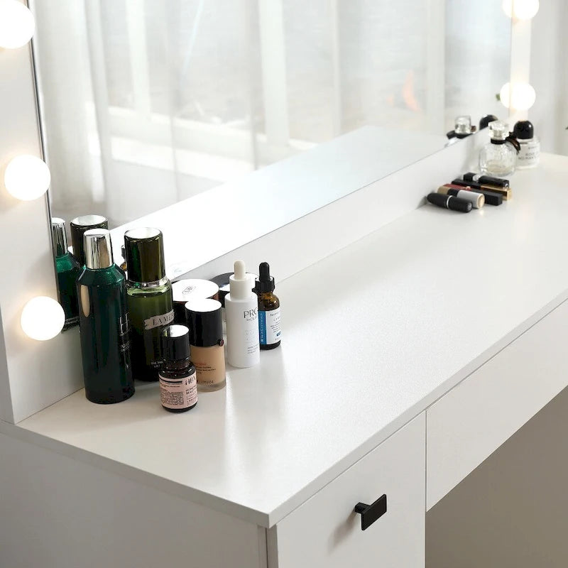 Vanity Table with Lighted Mirror and 3 Drawers and Storage Cabinet