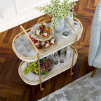 Mardoc Contemporary White and Gold Faux Marble Two Tiers Serving Cart with Caster Wheels by
