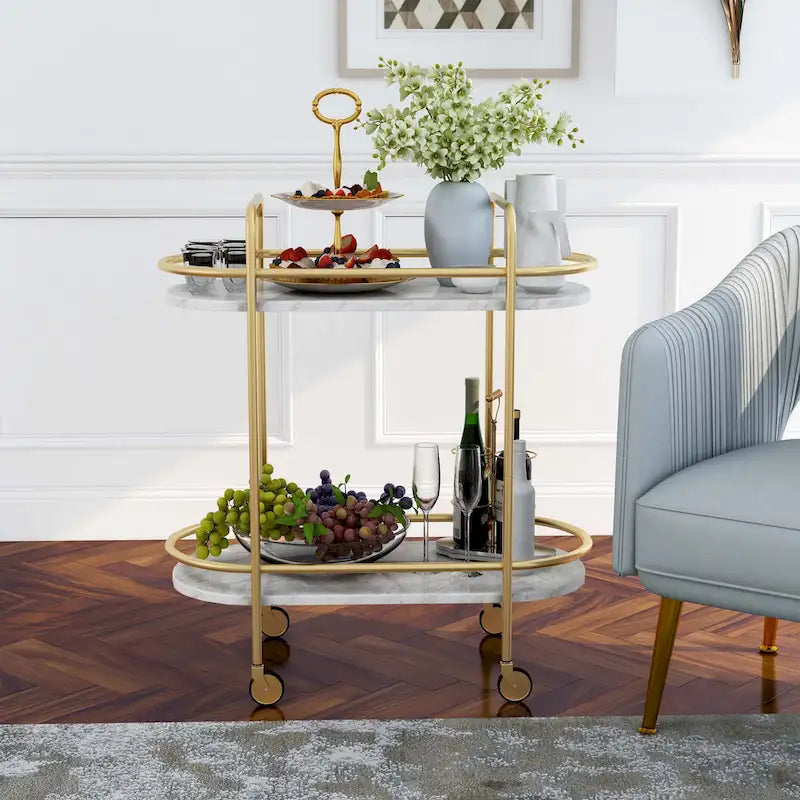Mardoc Contemporary White and Gold Faux Marble Two Tiers Serving Cart with Caster Wheels by