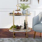 Mardoc Contemporary White and Gold Faux Marble Two Tiers Serving Cart with Caster Wheels by