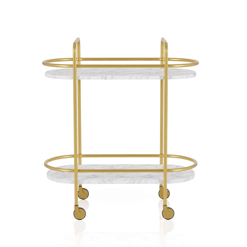 Mardoc Contemporary White and Gold Faux Marble Two Tiers Serving Cart with Caster Wheels by