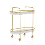 Mardoc Contemporary White and Gold Faux Marble Two Tiers Serving Cart with Caster Wheels by