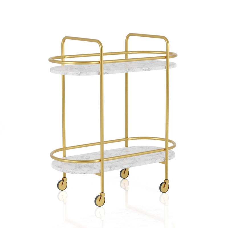 Mardoc Contemporary White and Gold Faux Marble Two Tiers Serving Cart with Caster Wheels by
