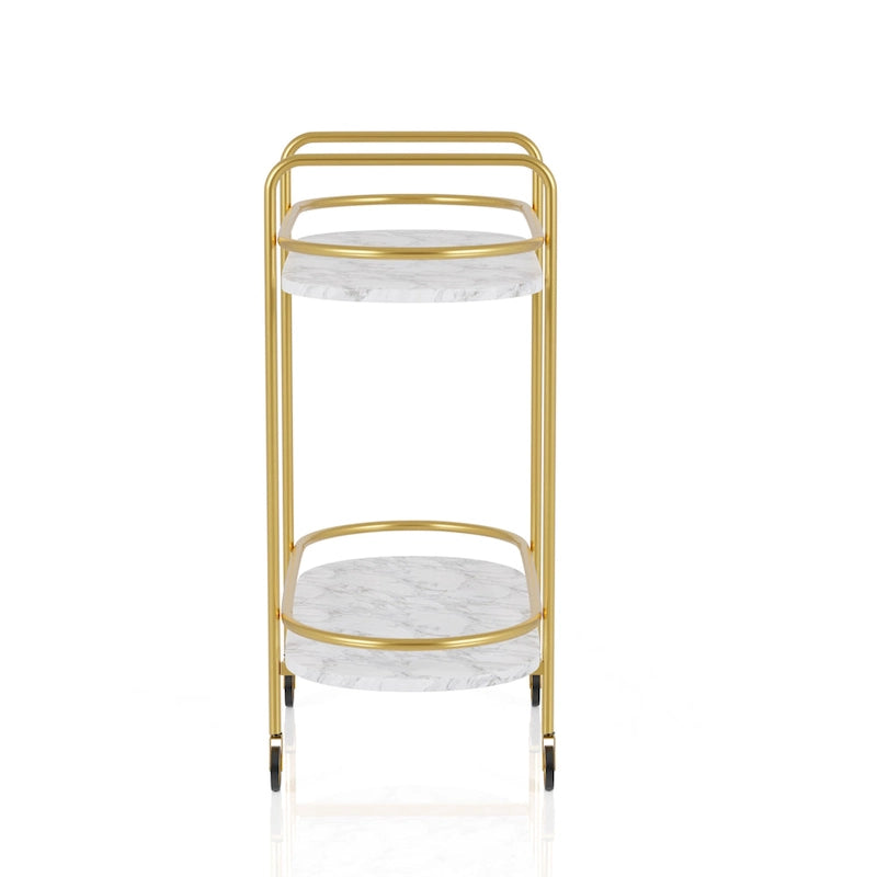 Mardoc Contemporary White and Gold Faux Marble Two Tiers Serving Cart with Caster Wheels by