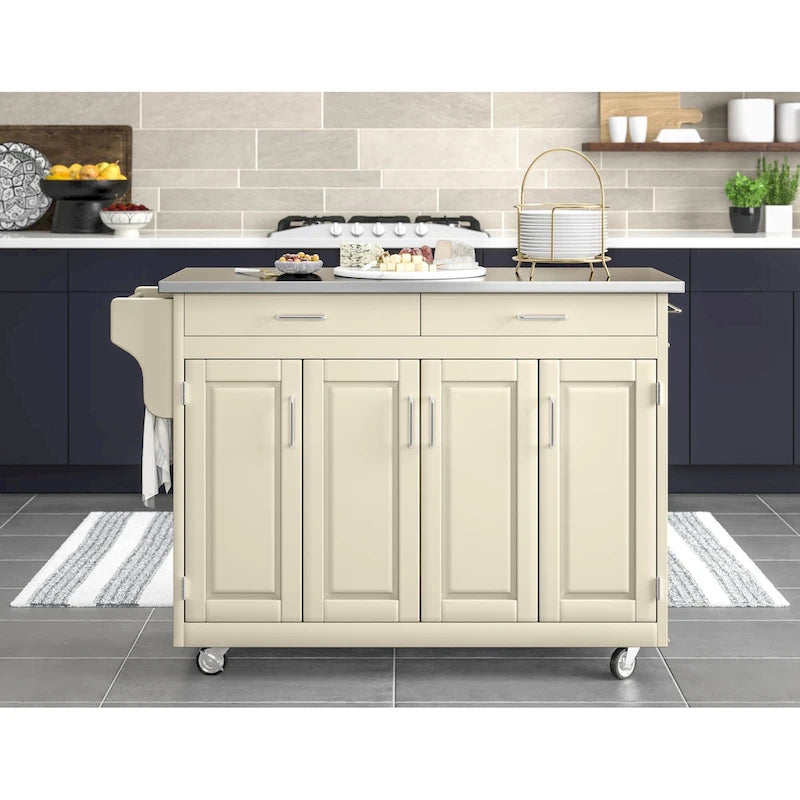  Puff Island White Finish with Stainless Steel Top Kitchen Cart