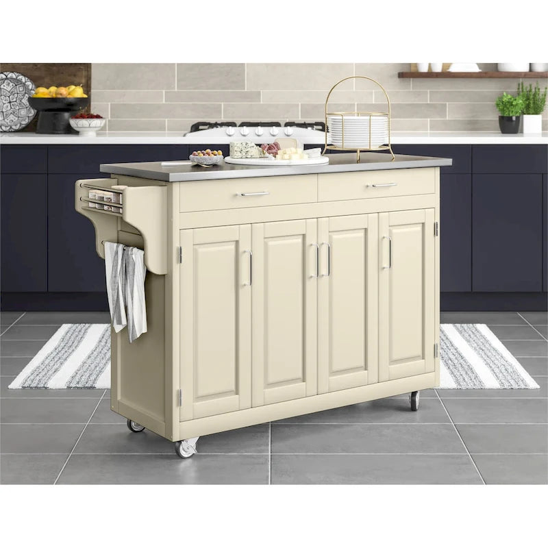 Puff Island White Finish with Stainless Steel Top Kitchen Cart