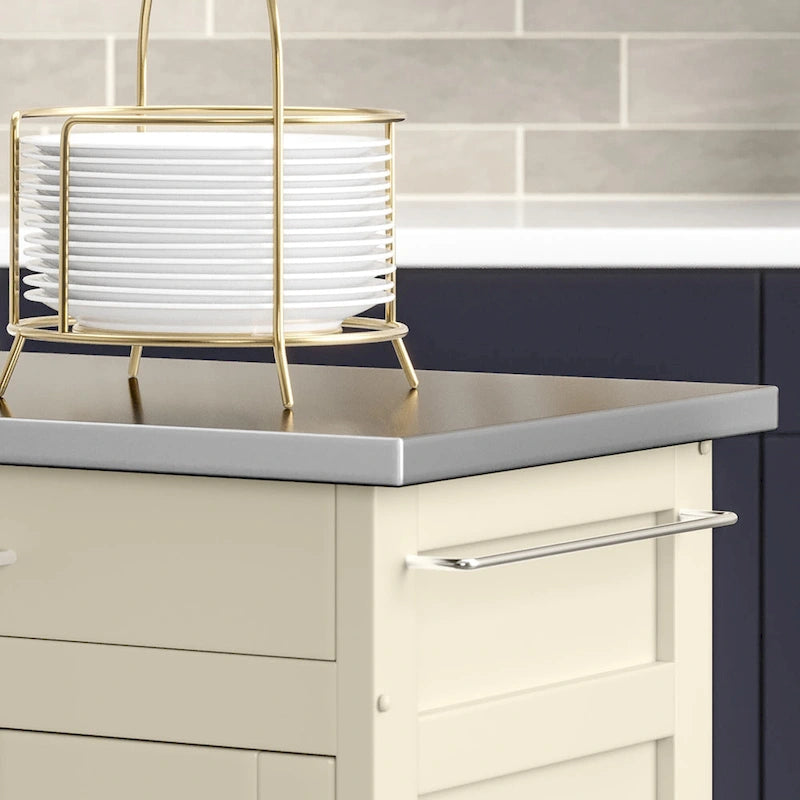Puff Island White Finish with Stainless Steel Top Kitchen Cart
