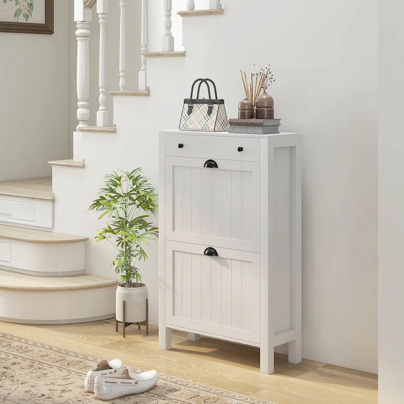 White Freestanding Shoe Storage Cabinet with 2 Flip Drawers